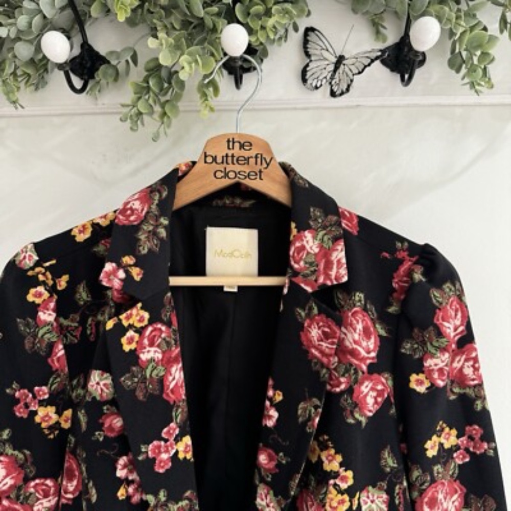 ModCloth Black Floral Blazer with Pink and Red Roses - Picture 7 of 8